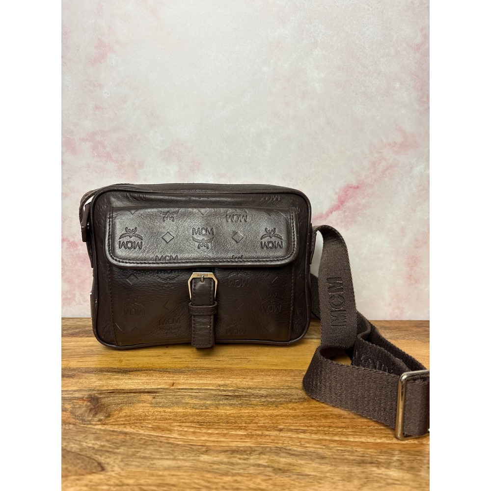 MCM Monogram Embossed Leather Camera/Crossbody Bag Brown